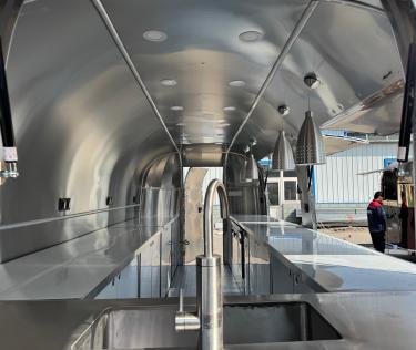 Stainless interior of a food trailer