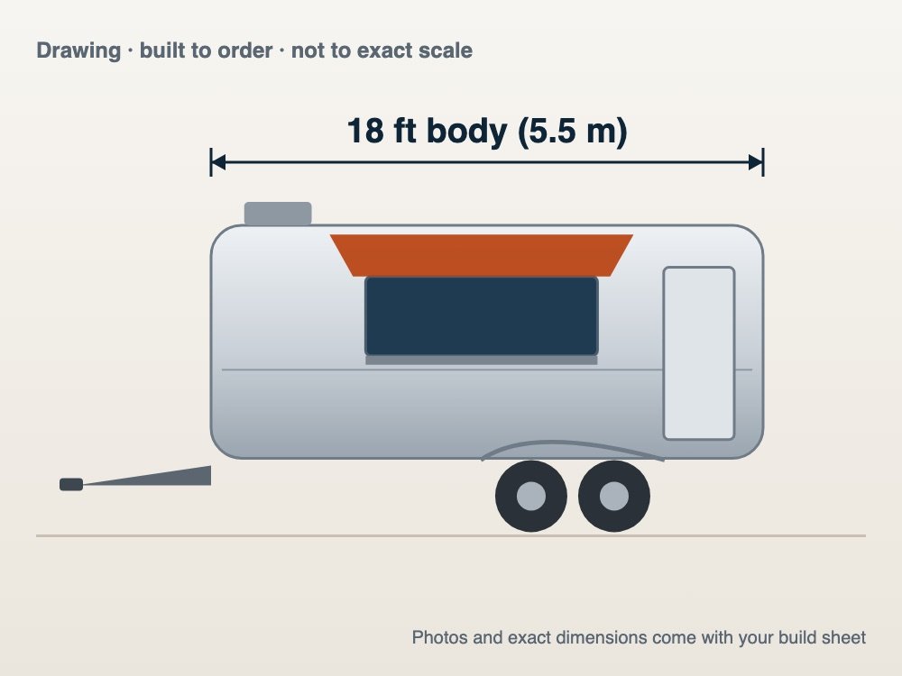 Drawing of an 18 ft built-to-order kitchen trailer with service window and tandem axles