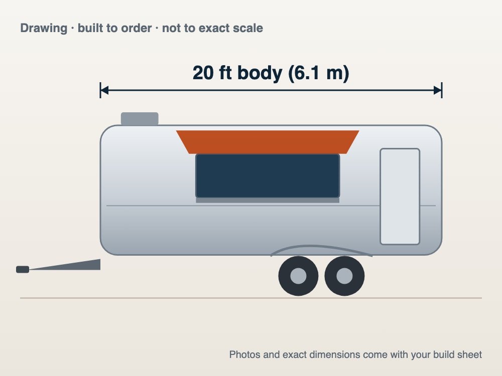 Drawing of a 20 ft built-to-order kitchen trailer with service window and tandem axles